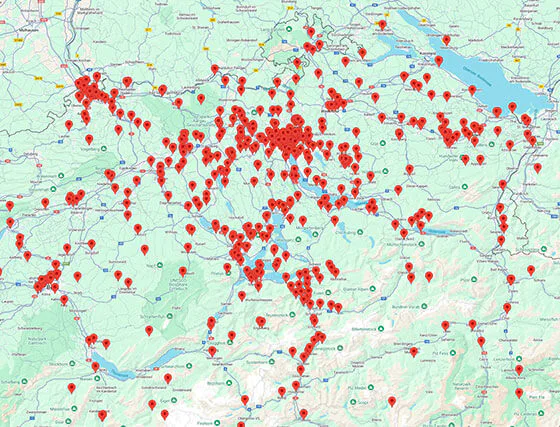 Karte mit avisec Baustellen-Webcam Standorten 2024